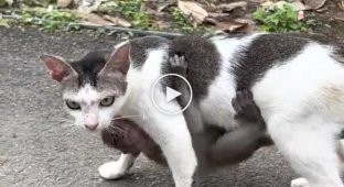 The cat became a foster mother for a baby monkey