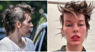 Bald spots and bald patches: the paparazzi filmed a new hairstyle for Milla Jovovich (6 photos)