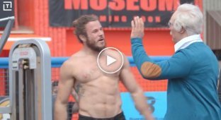 A CrossFit athlete made up to look like a grandfather is making fun of young people