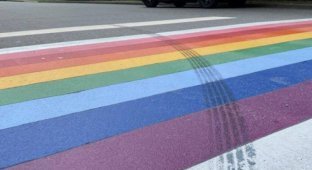 Полицейские обвинили водителя в том, что он намеренно оставил следы шин на разметке в виде флага ЛГБ (фото + видео)