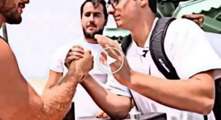 An arm wrestling match with an unexpected ending