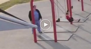 The boy knows how to find adventures in the playground