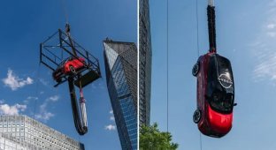 A Nissan with a driver was thrown off a bungee and set a Guinness record (1 photo + 1 video)