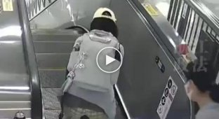 Женщина не уследила за чемоданом на эскалаторе