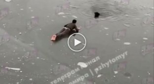 A Zhytomyr resident rushed into the icy water to save a dog that had fallen into an ice hole.