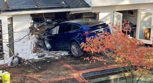 An out-of-control Tesla flew over the pool and crashed into a house (3 photos + 1 video)