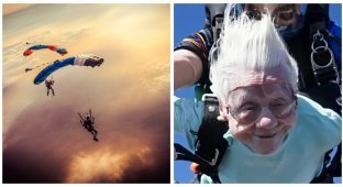 Небо,  парашют, бабушка. Прыгнувшая с парашютом в 104 года  бабуля, скончалась через неделю после прыжка (2 фото + 1 видео)