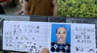 Мотоциклист из Китая предъявил полицейским права, нарисованные от руки (5 фото)