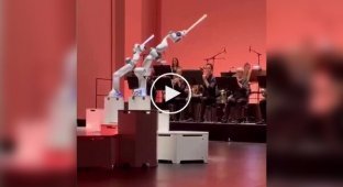 A symphony orchestra performs with a robot conductor