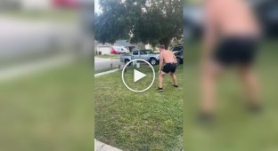 A man did morning exercises with cranes