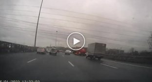 Collision of a GAZelle with a dump truck at the ring road in St. Petersburg