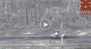 Трое танкистов-оккупантов бегут в лесополосу от своего подбитого танка