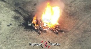 Aero reconnaissance units of the Shadow unit finish off three damaged enemy tanks on the battlefield near Tonenkoye, Donetsk region