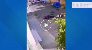 The dog ambushed a motorcyclist and jumped him off his bike.
