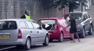 Funny policeman chasing a guy