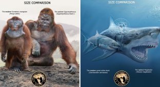Ілюстрації, що демонструють різницю між вимерлими тваринами та їх сучасними нащадками (16 фото)