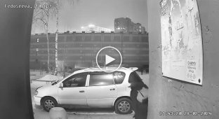 In Russia, a man relieved himself on a car that was parked right at the entrance