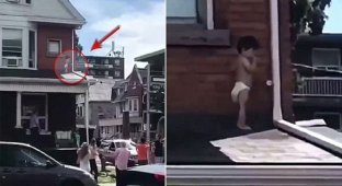 Прохожий пришел на помощь малышу, застрявшему на крыше (5 фото + 1 видео)