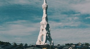 Who built this strange huge tower in the middle of a small Japanese city (4 photos)