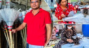 Камбоджийский "утилизатор" превращает тонны пластиковых бутылок в мётлы (5 фото)