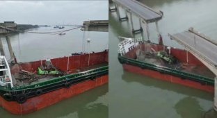 In China, a container ship demolished part of a bridge in Guangzhou (2 photos + 2 videos)