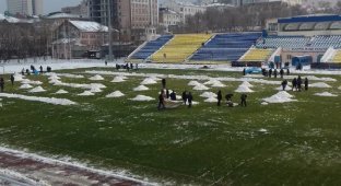 Во Владивостоке фанаты помогли расчистить от снега футбольное поле (3 фото)