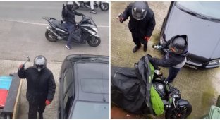 Наглые воры пытаются украсть мотоцикл на глазах владельца (2 фото + 1 видео)