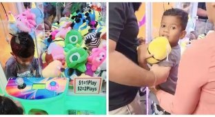 A three-year-old tomboy climbed into a soft toy machine (4 photos + 1 video)