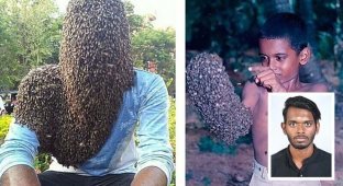 Индийский парень закрыл свое лицо 60 000 пчелами (6 фото)
