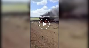 The newest Russian air defense missile system Pantsir-S1 burns out in a field in the Lugansk region