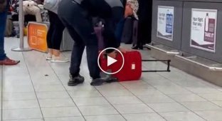 Пассажир пытается впихнуть свой чемодан в калибратор