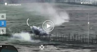 An occupier flies high in the air after an artillery shell hits a Russian armored vehicle
