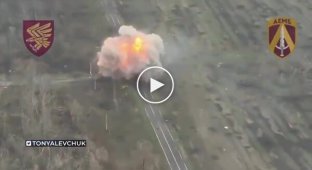 An enemy armored vehicle takes off after hitting a land mine in the Kursk region