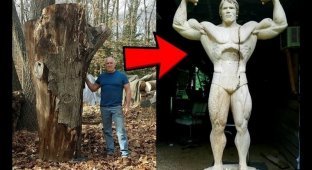 Художник вырезал статую Арнольда Шварценеггера из дерева, и она точная копия актёра (13 фото)