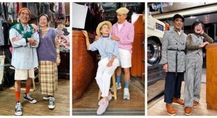 Older couple poses for photo shoots in clothes left in the laundromat (9 photos)