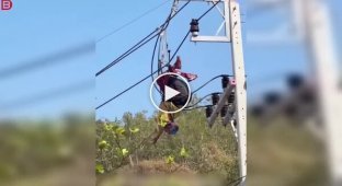 Экстремал потерял контроль над парапланом и зацепился за высоковольтный столб