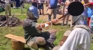 Two knights fighting a strange frying pan fight