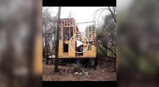 Young family built a house out of wood in the forest