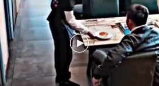 The man stood up for the waiter, in front of whom the redneck threw money for the order on the floor