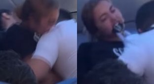 In the USA, a violent passenger on an airplane was unable to go to the toilet, after which she bit off part of the flight attendant's shirt (4 photos + 1 video)