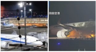 A Japan Airlines plane with passengers on board caught fire at Tokyo airport (1 photo + 1 video)