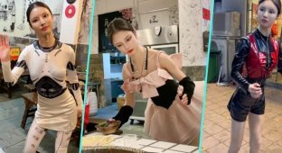 A waitress from China became popular thanks to the movements of a robot (3 photos + 1 video)