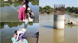 Индийские школьники вынуждены пересекать реку на пластиковых бочках (6 фото)