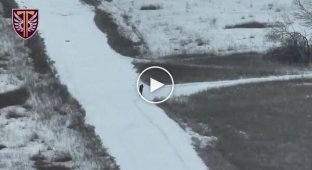 Пара дронів майже одночасно атакує двох окупантів, які зупинилися на перехресті.