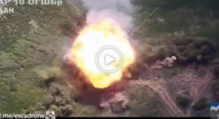 Detonation of the enemy self-propelled gun Msta-S after being hit by a drone