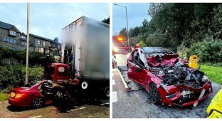 Водитель Mercedes врезался в неподвижный грузовик на скорости 95 км/ч и чудом остался жив (4 фото)