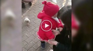The girl took food from the pigeon