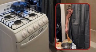 A woman lives in such a small apartment that she cooks food without leaving the shower (3 photos + 1 video)