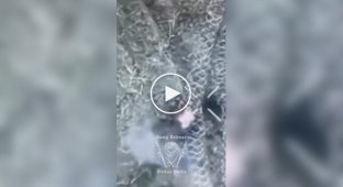 Оккупант, запутавшийся в заградительной сетке, горит после сброса с украинского БПЛА