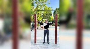 A guy performed a "moonwalk" on a horizontal bar